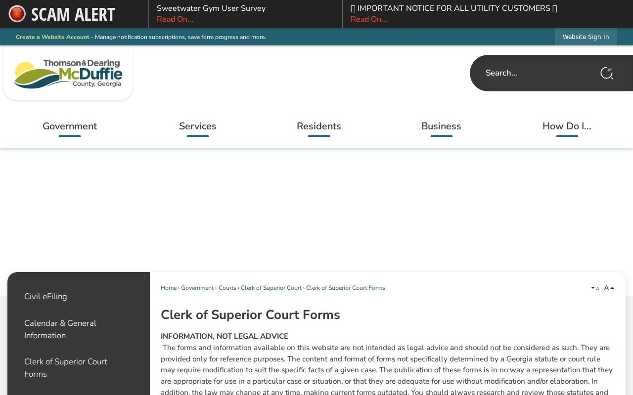 McDuffie County civil docket clerk forms index