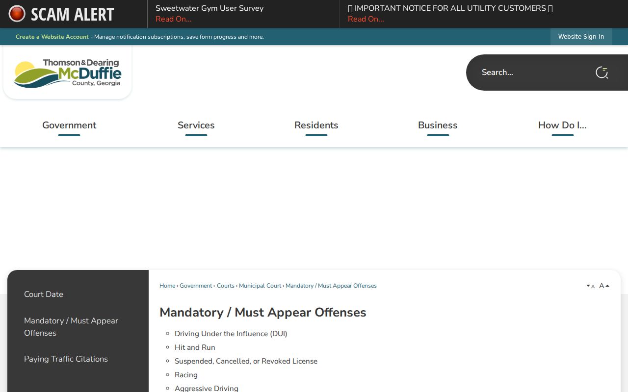 Thomson Municipal Court mandatory appearance offenses
